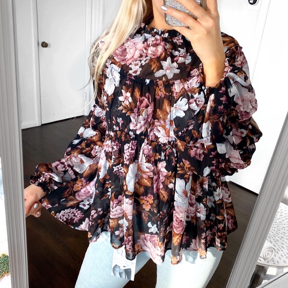 🍂 O.P.T ANTHROPOLOGY BOHO FLORAL 2-in-1 BLACK RUST RUFFLE BAGGY LONG SLEEVE TOP - Picture 9 of 16